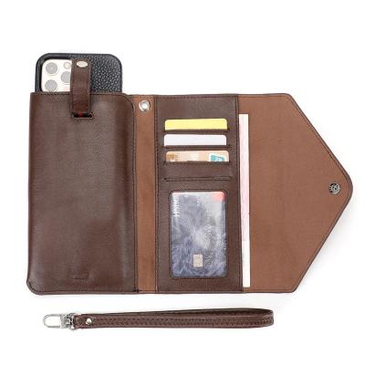 China Universal Genuine Leather Multifunctional Shockproof Mobile Phone Wallet Bag Card Holder Phone Case Bag With Wrist Strap for sale