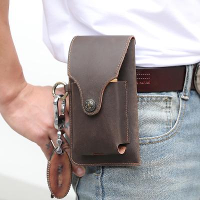 China Universal Genuine Leather Shockproof Men Crazy Horse Cell Phone Bag Waist Pocket Phone Case Belt Phone Holster With Key Chain for sale