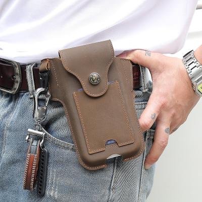 China Newest Shockproof! Universal Men's Crazy Horse Mobile Cell Phone Belt Holster Card Slot Waist Phone Pouch Genuine Leather Bag With Key Chain for sale