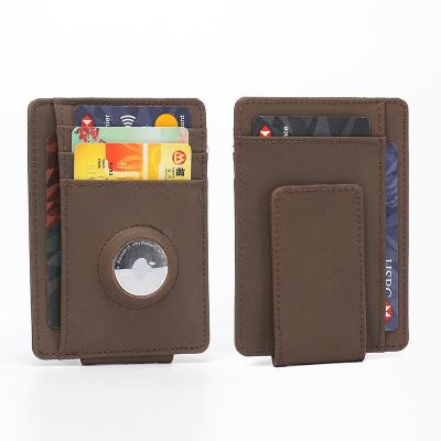 China Vintage Crazy Horse Airtag Wallet Money Clip Genuine Leather RFID Magnetic Magnetic Holder GPS Blocking Airtag Wallet Clip Bifold Men for sale