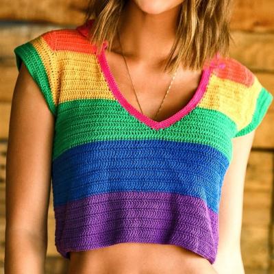 China QUICK DRY Rainbow Hand Crochet Tee Mickee Tops Women T-shirt Beach Bikini Cover Up Boho Festival Clothing for sale