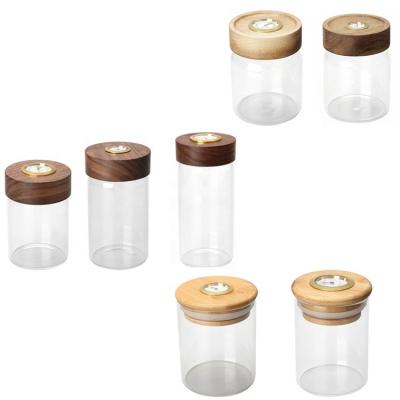 China Airtight Storage Tea Spice Smell Make Healthy Natural Wood Lid Stash Jar Tobacco Tea Glass Storage Container With Hygrometer Resistant for sale