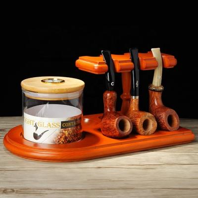 China European Smoking Pipe Rack MUXIANG Tobacco Pipe Rack Beech Wood Smoking Pipe Rack Display With Cigar Humidor Pot Space for sale