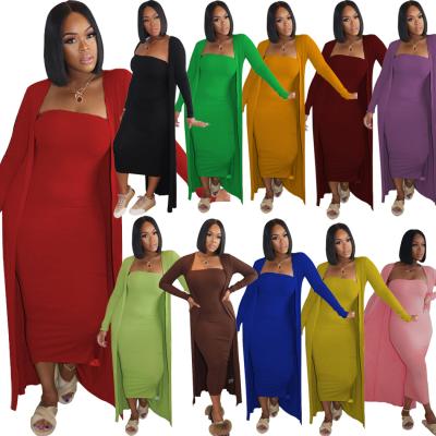 China Solid Color Ladies Breathable Casual Cardigan Dress Set Women Maxi Bodycon Strapless 2 Piece Dress Set for sale