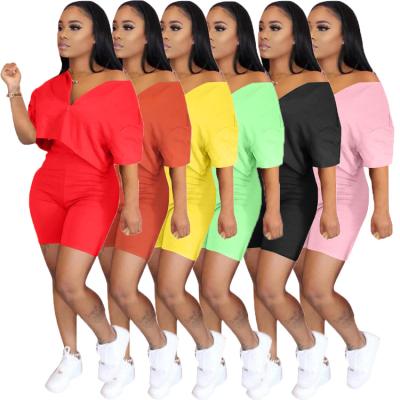 China Anti-Wrinkle Solid Color Women Clothing Summer Zipper V-Neck T-shirt Shorts Pants Two Piece Set 2 Piece Set Women for sale