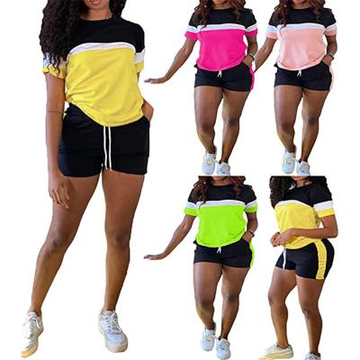 China Free Sample Breathable Women Short Sleeve Contrast Color Summer T Shirts Shorts Two Piece Set for sale