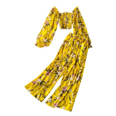 China Floral Breathable Chiffon Off Shoulder Crop Top High Waisted Wide Leg Set Elegant Wide Leg Pants Set for sale