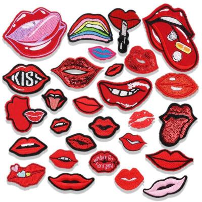 China Custom Made Hot High Quality Red Sun Lip Embroidery Label Lip Mouth Embroidery Cloth Sticker Embroidery Patch For Clothing for sale