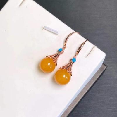 China FASHIONABLE European American Style Silver Plated Rose Gold Inlaid Natural Amber Women Dangle Earring for sale