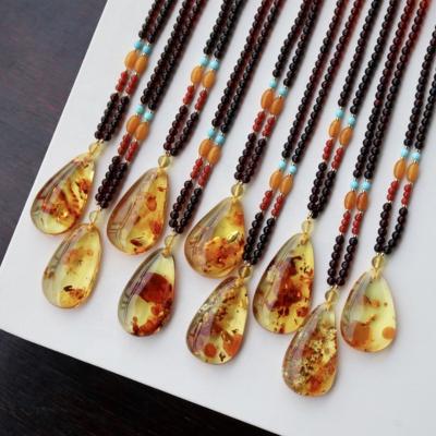 China Girl's Old Amber Turquoise Drop Pendant Sweater Necklace Wholesale Lady's CLASSIC Professional Design Natural for sale