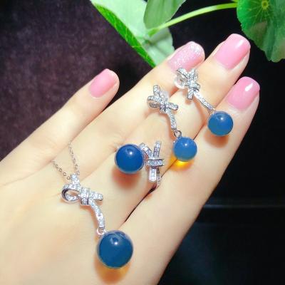 China Cute Bow Knot Fashion Natural Ring Necklaces Earrings Mexican Blue Jewelry Set With Zircon for sale