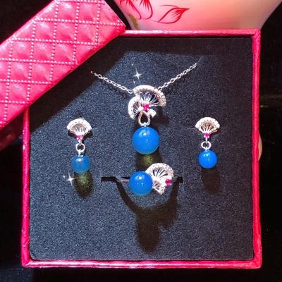 China CLASSIC D&Y Goddess Fan Shape 3 Piece Natural Amber Mexican Blue Fashion Jewelry Sets With Zircon for sale