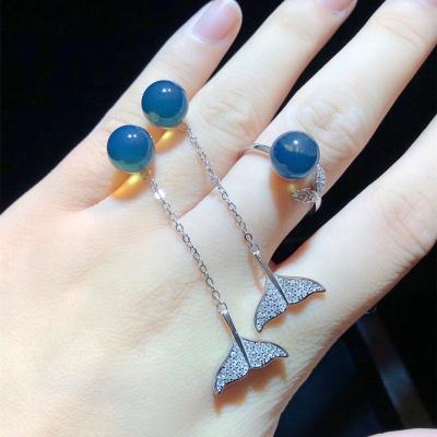 China 2021 New 925 Sterling Silver Amber Jewelry Blue Fashion Charm Jewelry Women's CLASSIC Minimalist Earrings Ring Set for sale