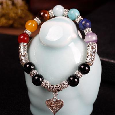 China Wholesale Fashion TRENDY Tiger Eye Stone Love Pendant Colorful Tibetan Silver Beaded Bracelets for sale