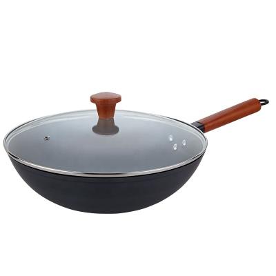 China Durable Stainless Hard Wok Gas Range 32cm Black Iron Steel Wok With Wooden Handle for sale