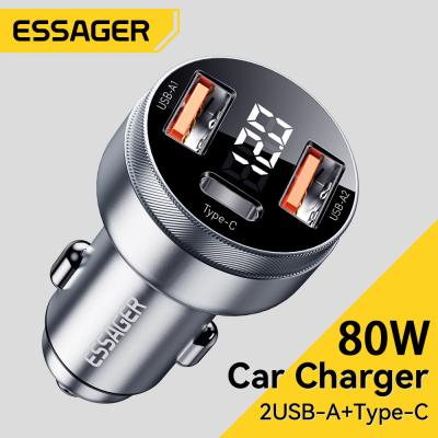 China Essager 2022  Fenglang Aluminum alloy digital display car charger 80W 3 in 1 Car Charging 2 USB A Type C Fast Car Charger for sale