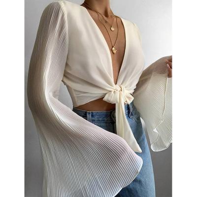 China Breathable 2022 Wholesale Women Fashion Solid Chiffon Deep Neck Long Sleeve Rocket Knot V Sexy Crop Tops for sale