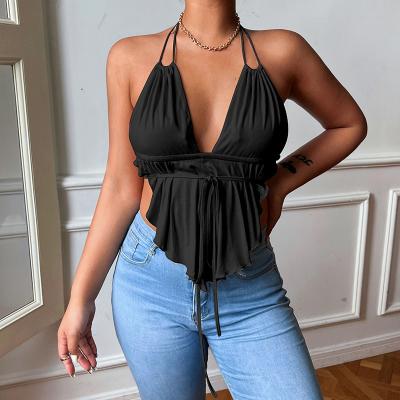 China QUICK DRY sexy black sleeveless backless high neck nightclub promo women cropped tank top halterneck vest v for sale