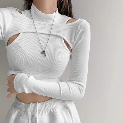 China QUICK DRY fall wholesale high quality faux crop two tops plain white highneck stitches cutout long sleeve t shirts for women for sale