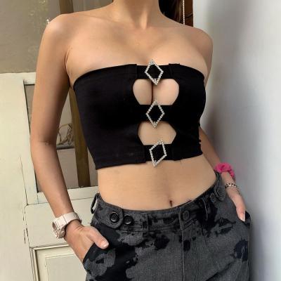 China Custom women's rhinestone decoration hollow tube crop strapless tank top black thin vest wholesale QUICK DRY low moq for sale