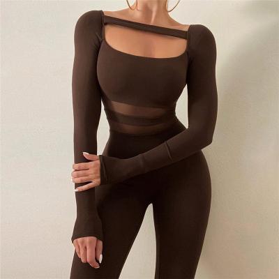 China 2022 Drop Women Workout Fashion Breathable Mesh Stitching Solid One Piece Bodycon Sexy Long Sleeve Casual Jumpsuit Rompers for sale