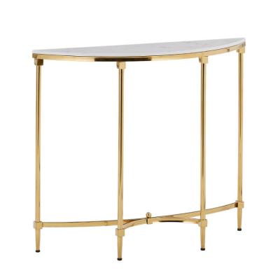 China Simple hot sale single display stand, artificial marble custom furniture, gold stainless steel entrance console table for sale