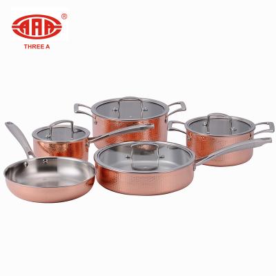 China Sustainable Professional Triple Hammered Induction Bottom Copper Kitchenware Pot Pan Set for sale