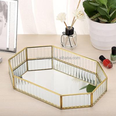 China Polygon Modern Luxury High-Grade Coppery Gold Tray Transparent Glass Cosmetics Perfume Tray Jewelry Tray Suitable for Dresser Desk for sale