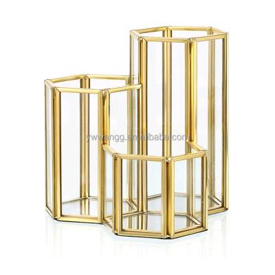 China Viable Hot Selling Hexagonal Transparent Glass Cosmetic Desk Holder Copper Product Brush Holder Pencil Holder for Home and Office for sale