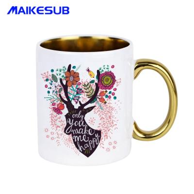 China Sustainable 11 Ounce Custom Sublimated Ceramic Mug With Gold Handle for sale