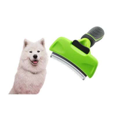 China Stocked Blade Brush Comb Dog And Cat Fur Hair Remover Grooming Deshedding With Self Cleaning Button for sale