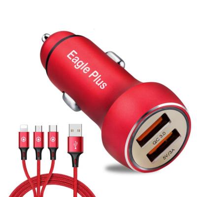 China For Mobile Phone Mp3 Ipad Camera ect. Mini Dual Usb Port 5V 3A Quick Charge 3.0 Fast Car Charger Set Packing With Nylon 3 in 1 Data Cable for sale