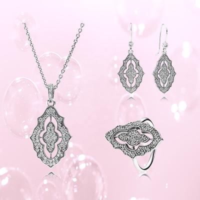 China Fashion Sterling silver woman fine jewelry set shield necklace oval flower ring sparkle earrings for sale