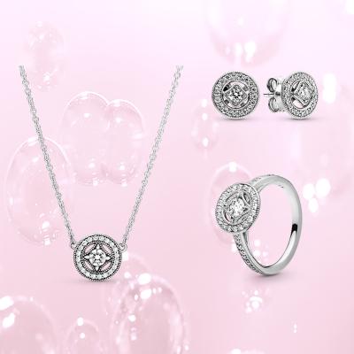 China FASHIONABLE S925 Sterling Silver Fine Jewelry Set Charm Chain Shiny Round Ring Necklace Shiny Zircon Earrings for sale