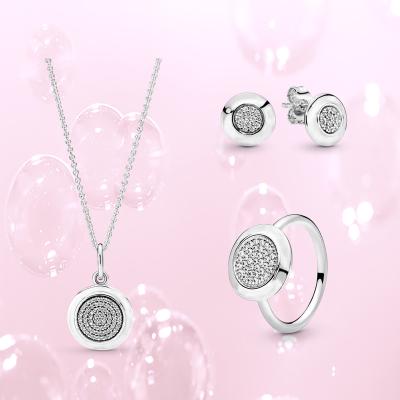 China TRENDY Factory Charm Jewelry Sterling Silver Fine Sets Charm To Pave Necklace Shine Badge Ring Charm Badge Earrings for sale