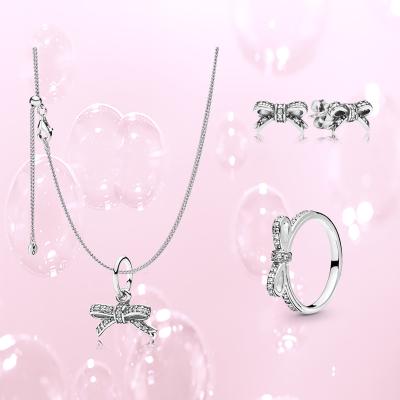 China Factory Wholesale Sterling Silver Fine Jewelry Set Charm Chain Bow Knot Ring Bow Charm Earrings Ladies Set TRENDY for sale