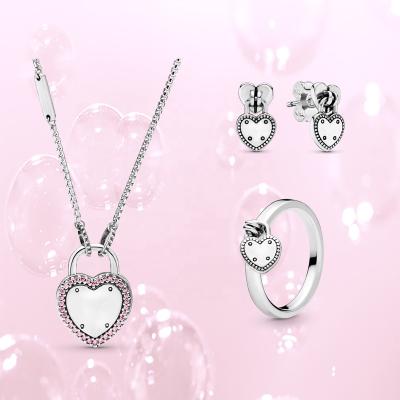 China TRENDY S925 Sterling Silver Fine Jewelry Sets Heart Lock Necklace Heart Pendant Charm Rings Charm Heart Earrings for sale