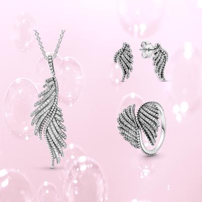 China Sterling Silver Fine Jewelry Set hot sale TRENDY pave Angel Wing Necklace Charm Wing Earring Wing Charm Ring for sale