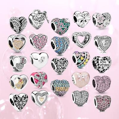 China Wholesale Fashion Jewelry Sterling Silver S925 Heart Charm Beaded Colorful Zircon Love Beaded DIY Charm Bracelet Necklace for sale