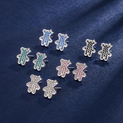 China Cute Original Design 925 Sterling Silver Colorful Zircon Bear Zircon Silver Needle Earrings Cute Women Earrings for sale