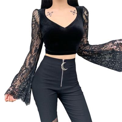 China Dark Color Women's Anti-pilling Gothic Style Bottoming Shirt Short V-Neck Lace Up Velvet Girl Ladies Quilted Sexy Tops Female Soft Long Sleeve for sale