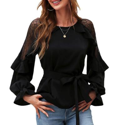 China Black Casual Shirt Chiffon Anti-Pilling Temperament Commuter Rocket Round Neck Casual Shirt Sheath Ladies Girl Sexy Soft Sleeve Women Long Sleeve Tops for sale