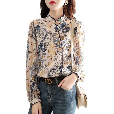 China Printed Anti-Pilling Long Sleeve Shirt Womens Chinese Retro Button Design High End Small Top for sale