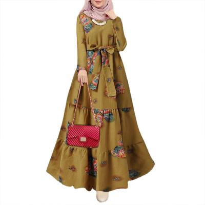 China Muslim Women Canvas Printed Fashion Dresses Anti-Static Long Sleeve Retro Cotton Long Dress for sale