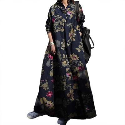 China Anti-Static Cotton And Flower Long Sleeve Female Button Printed Canvas Muslim Women Long Dress Casual Western Women Clothing for sale