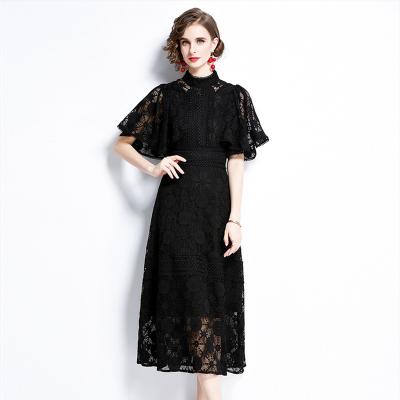 China Black Anti-static Lace Dress Style Long Lotus Leaf Sleeve Temperament Waist Skirt Slightly Closing A Line Skirt Holiday Fashion Dress for sale