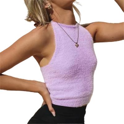 China QUICK DRY Sleeveless Off Shoulder Small Strap Hanging Bottom Coat Knitted High Waist Belly Button Open Vest With Plush Inner Bra for sale