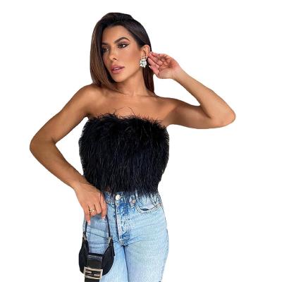 China Fashionable ladies QUICK DRY multicolored fluffy fur corsets party feather sexy fluffy multicolored nightclub tube crop top for sale