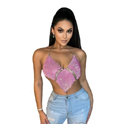 China Metal Night Club Rhinestone Vest Neck Sling Halterneck Top Sexy Bright Waist QUICK DRY Diamond Chain Hanging Neck Stitching High Waist for sale