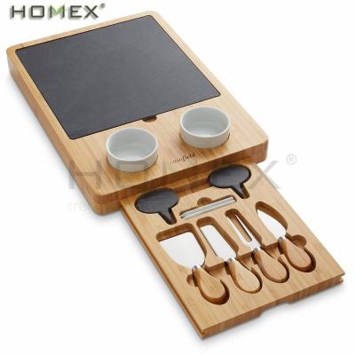 China Sustainable Bamboo Cheese Board Gift Set With Slate Tray 4 Knives 2 Dip Bowls / Homex_BSCI Plants for sale